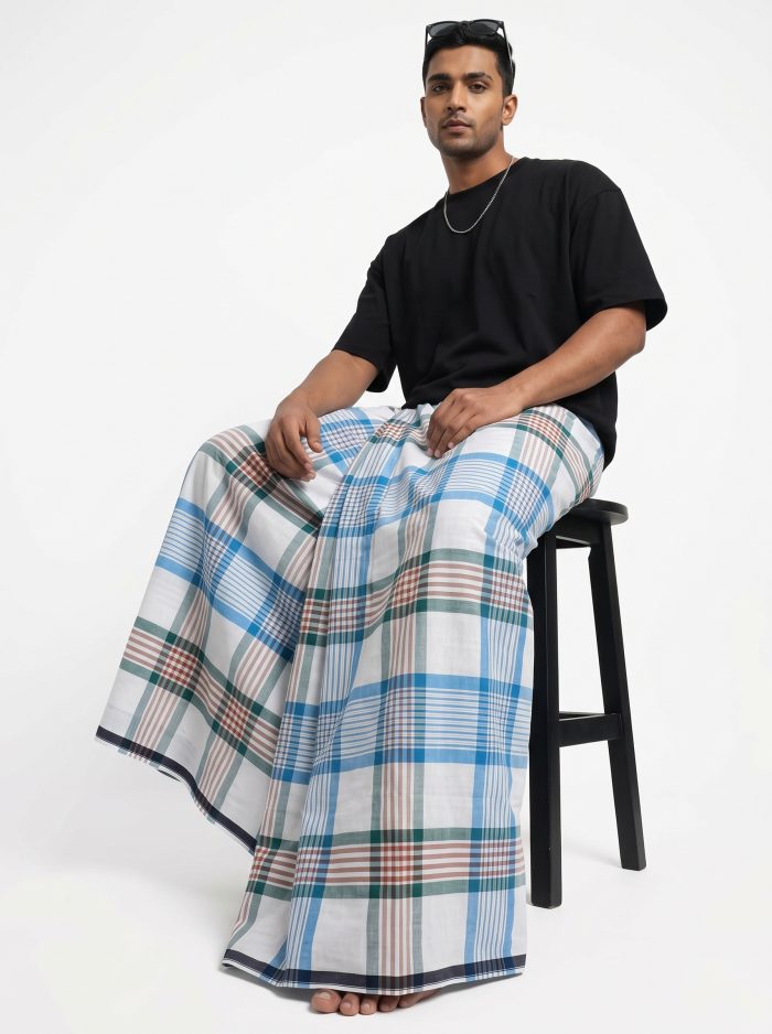 Premium Cotton Check Lungi – White, Sky Blue & Green | 5.5 Hat - Image 2