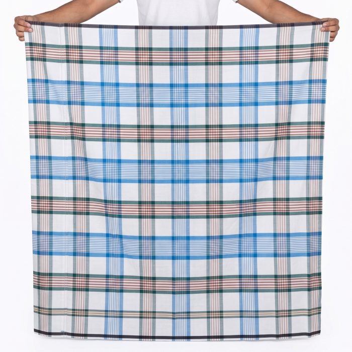 Premium Cotton Check Lungi – White, Sky Blue & Green | 5.5 Hat - Image 3