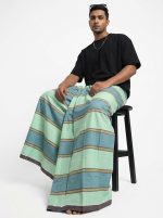 Premium Cotton Stripe Lungi – Mint Green & Slate Blue | 5.5 Hat - Image 2