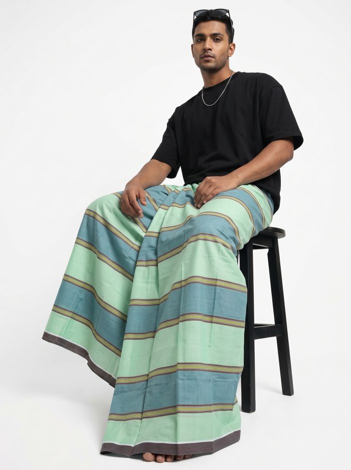 Premium Cotton Stripe Lungi – Mint Green & Slate Blue | 5.5 Hat - Image 2