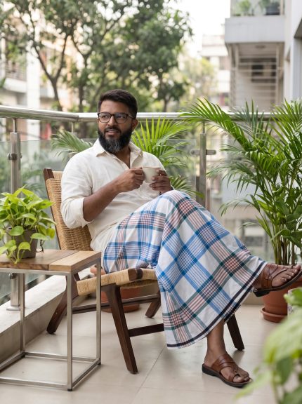Premium Cotton Check Lungi – White, Sky Blue & Green | 5.5 Hat